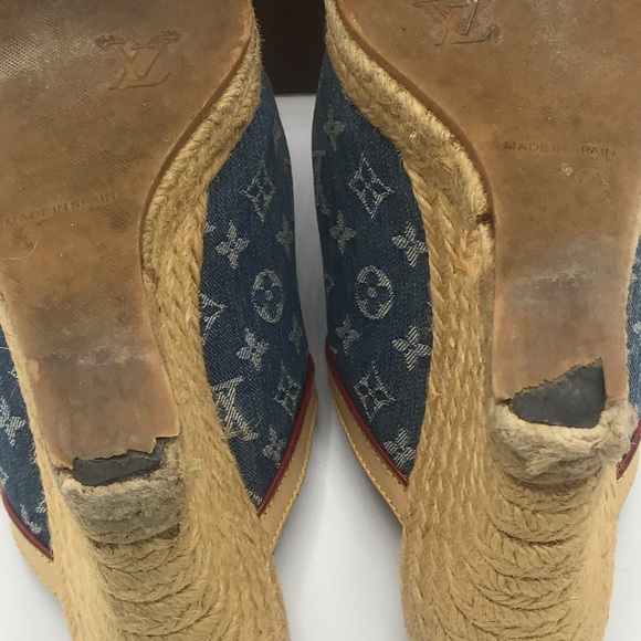 Louis Vuitton Denim Wedge Espadrilles Bow Sandals - Picture 11 of 12